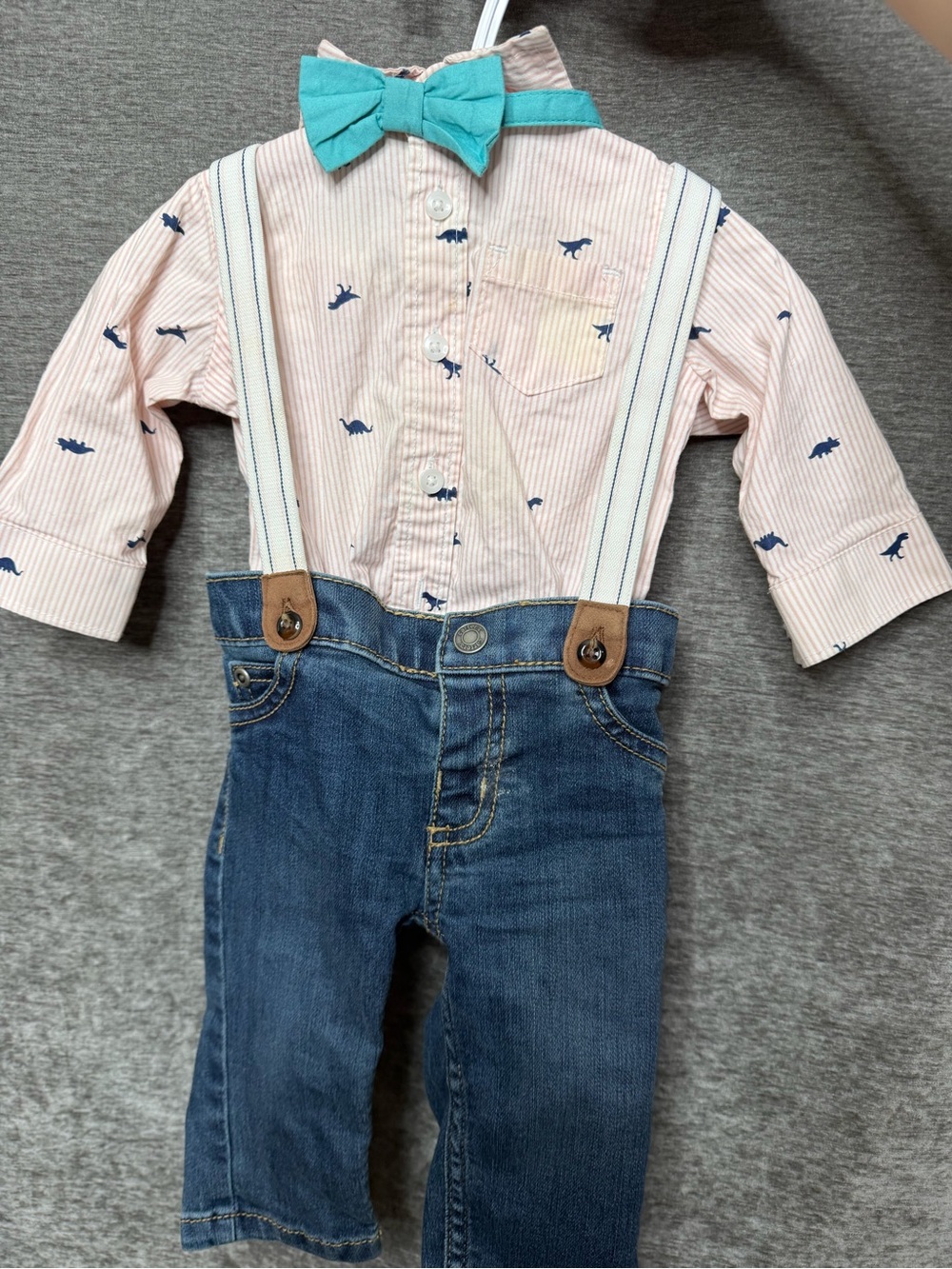 Carter's Turquoise Bow Tie with Pink Dino-Print Shirt and Denim-Look Suspenders